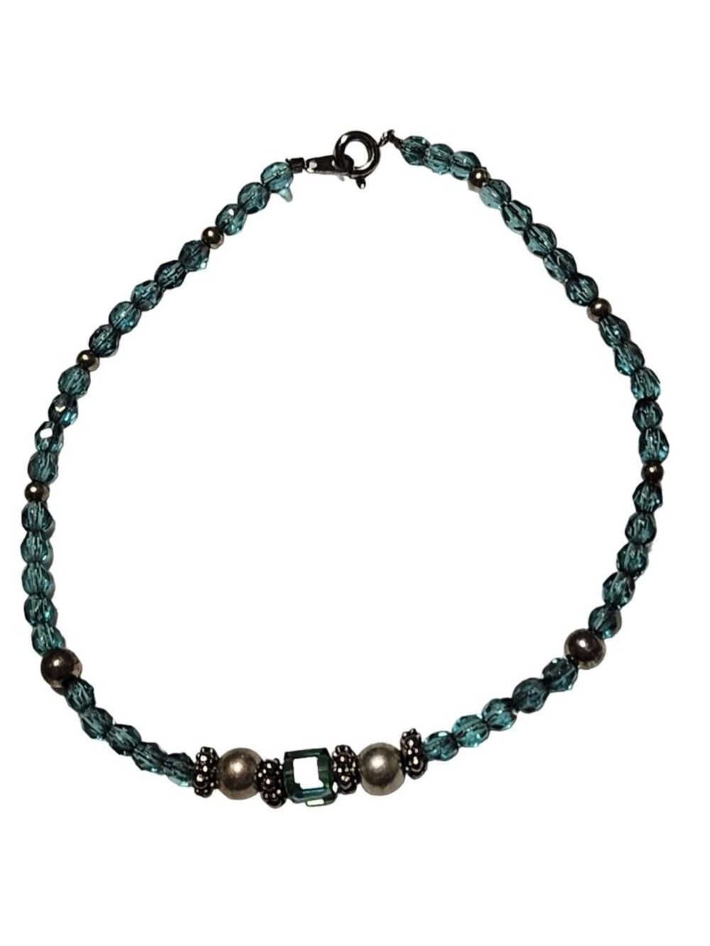 Handmade Beaded Bracelet Blue Beads Silver Accents Green Crystal Detail Women